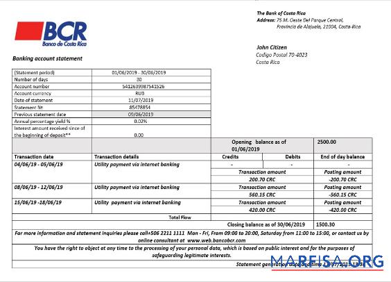 Printable Costa Rica The Bank of Costa Rica bank statement word example